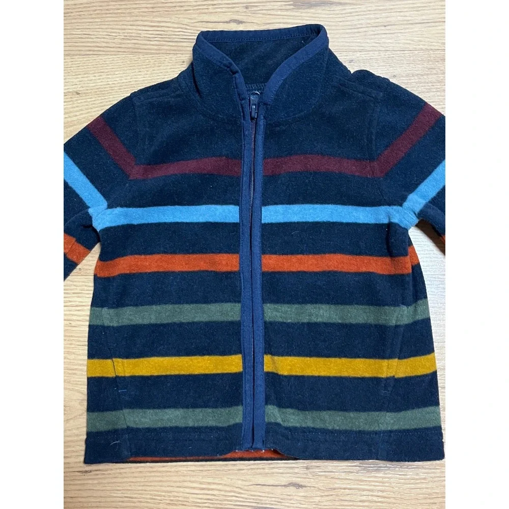 OshKosh B'gosh Fleece Jacket Kids 9M Navy Blue Striped Zip Up Sweater Mock Neck